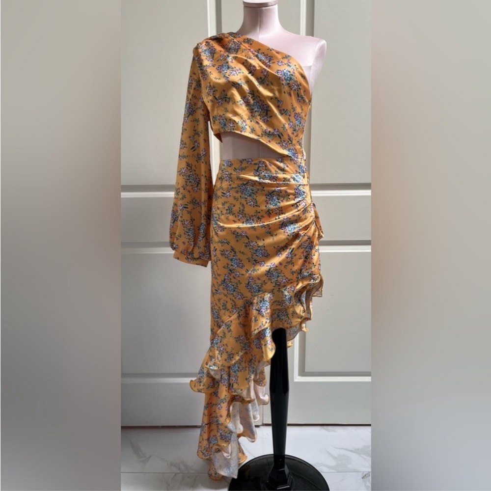 Asymmetrical One-Shoulder Yellow Floral Ruffle Dress NWT - Picture 2 of 14